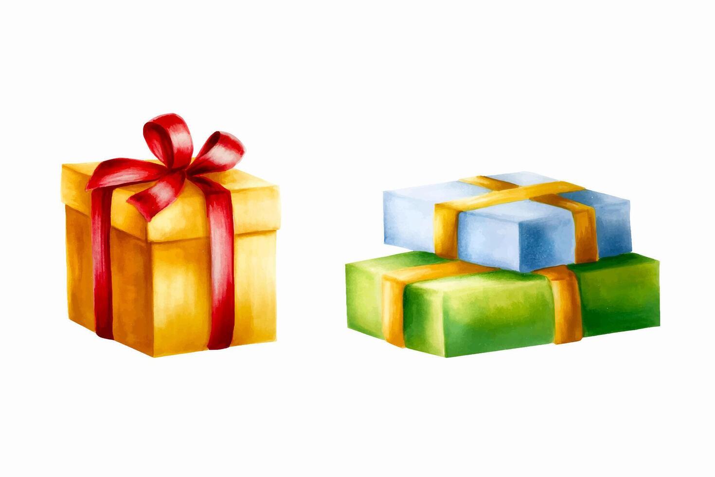 Aquarell einstellen von Weihnachten Geschenke Illustration. Neu Jahr Gold Geschenk Box mit rot Bogen und Geschenk Kisten mit Gold verbeugt sich isoliert auf Weiß Hintergrund. zum Designer, Dekoration, Geschäft, zum postc vektor