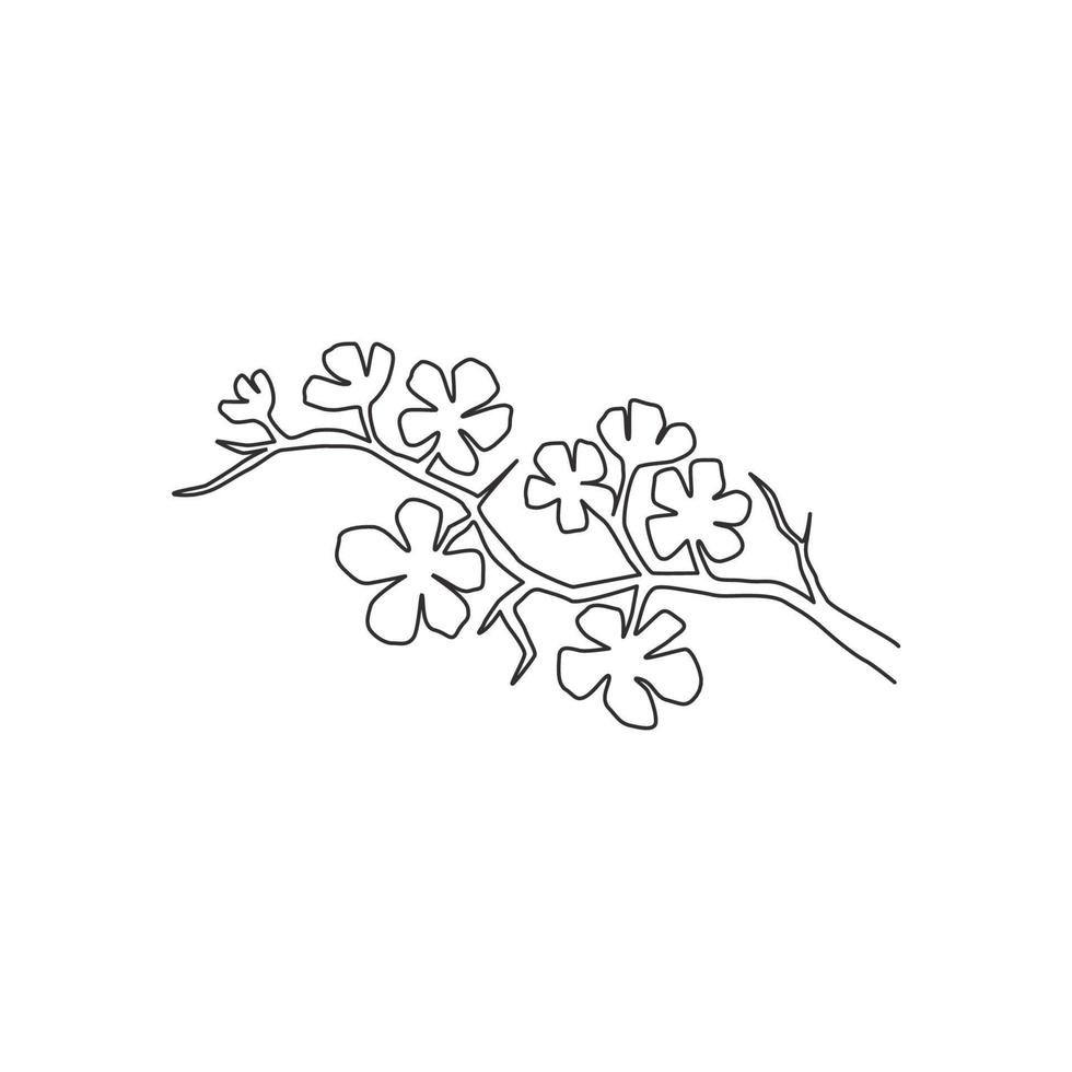 en kontinuerlig linjeritning av skönhet färska körsbärsblommor för trädgård logotyp. utskrivbar dekorativ sakura blomma för hem väggdekor konst affischtryck. moderna en rad rita design vektorillustration vektor