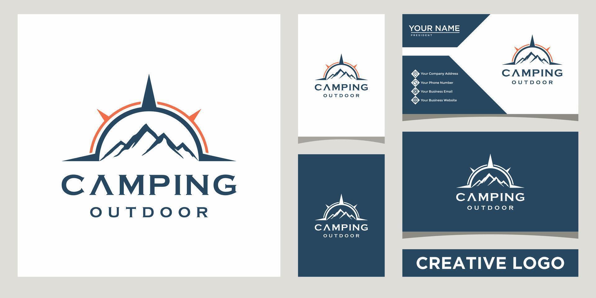 berg kullar toppar med kompass äventyr, camping utomhus- logotyp design mall med företag kort design vektor