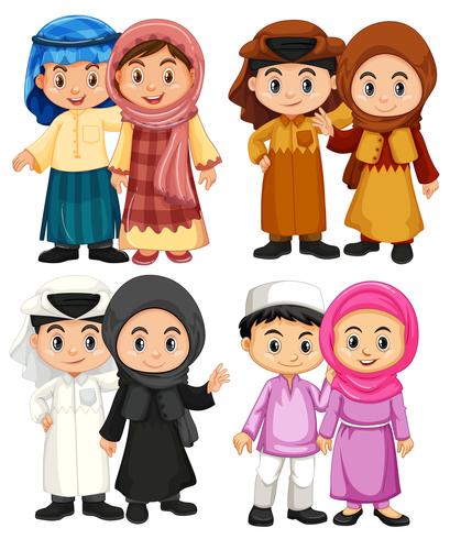 Fyra par muslimska barn i traditionella kostymer vektor