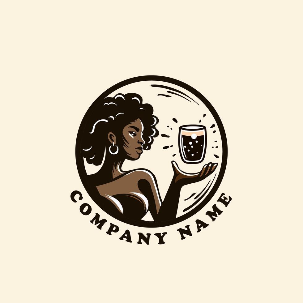 svart kvinna logotyp mall med en glas av öl i henne hand. illustration. vektor