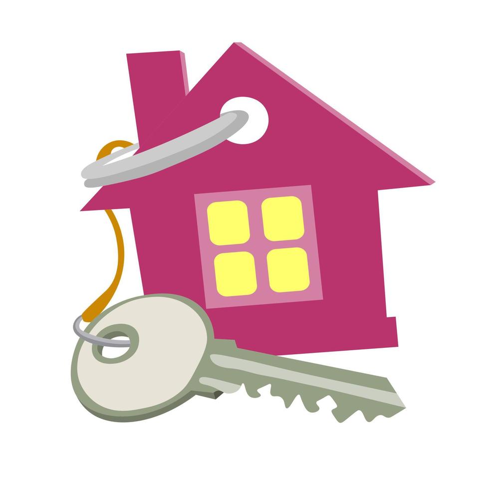 grauer Metallschlüssel an Schnur mit Schlüsselanhänger, Symbol in Form eines rosa Hauses. Konzept des Kaufs und Verkaufs von Immobilien. Hausschlüssel mit Hausetikett auf dem Ring. der vektor ist oben.