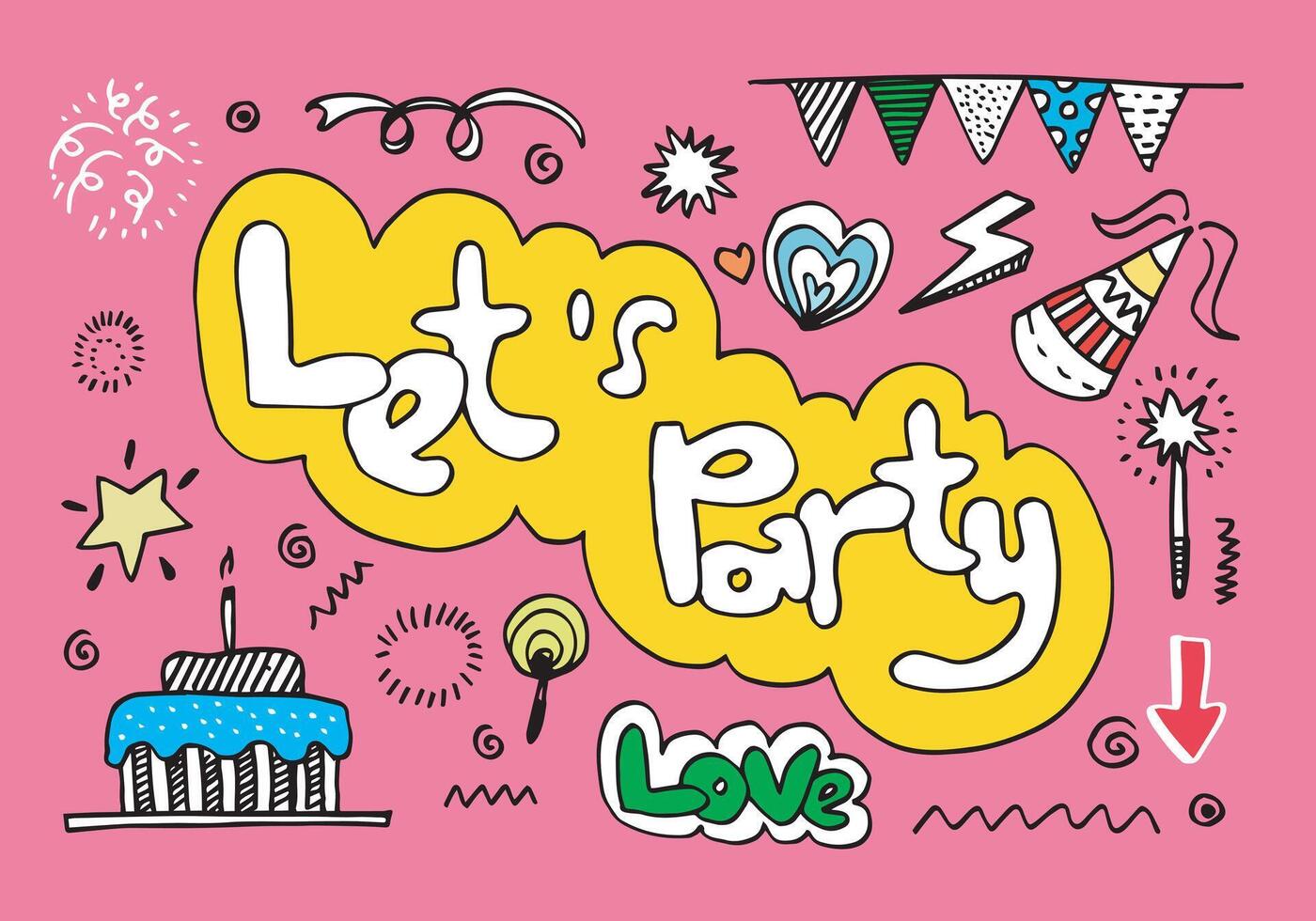 Lassen s Party. Hand gezeichnet Karikatur Illustration. bunt Hand gezeichnet Beschriftung zum Karte, Poster, Banner. vektor