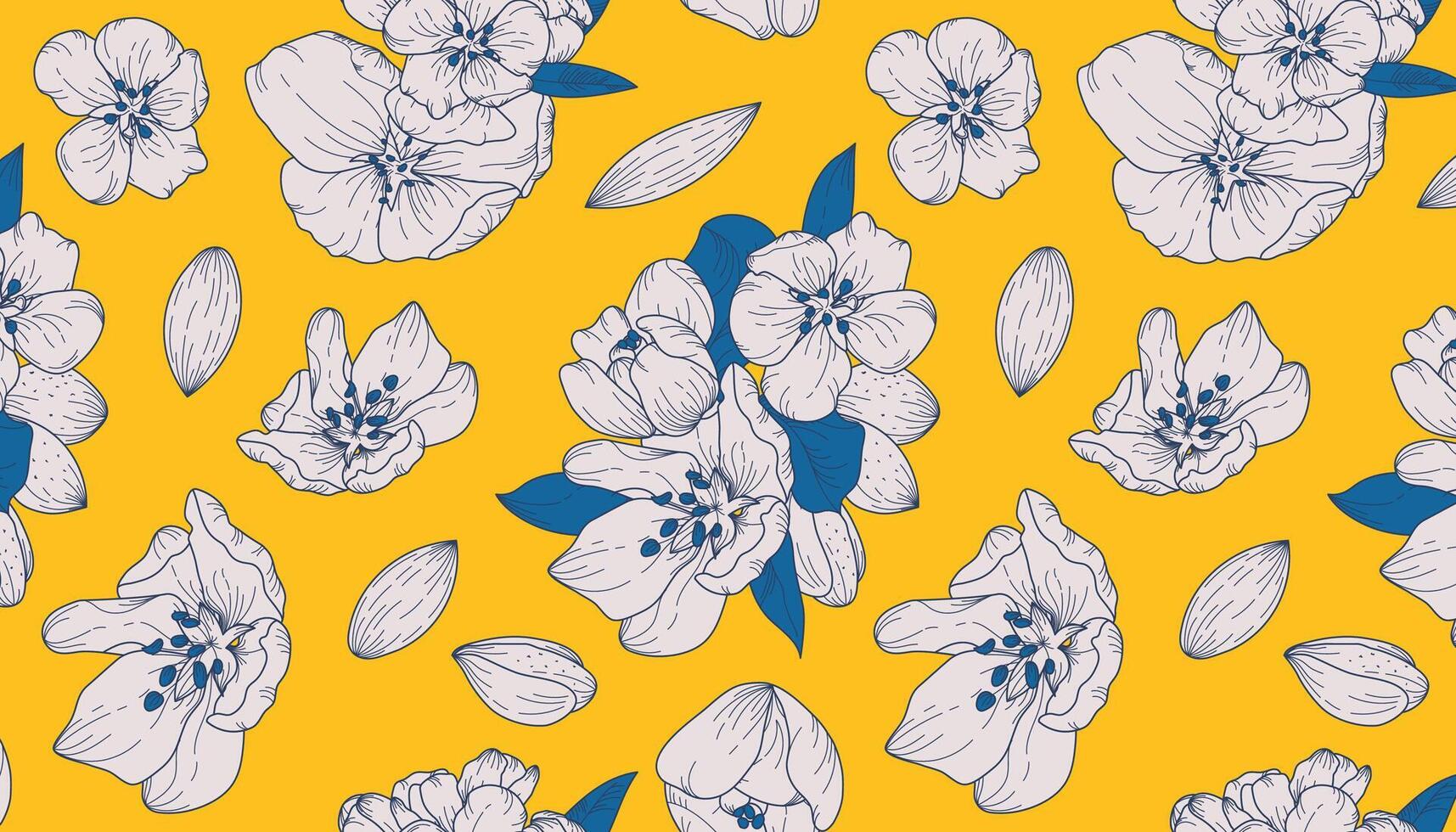 sömlös vintagestil mönster med blomning mandel. illustration terar vibrerande trendig färger i en botanisk stil. lämplig för textilier, bakgrunder, grafik, omslag papper, täcker. vektor