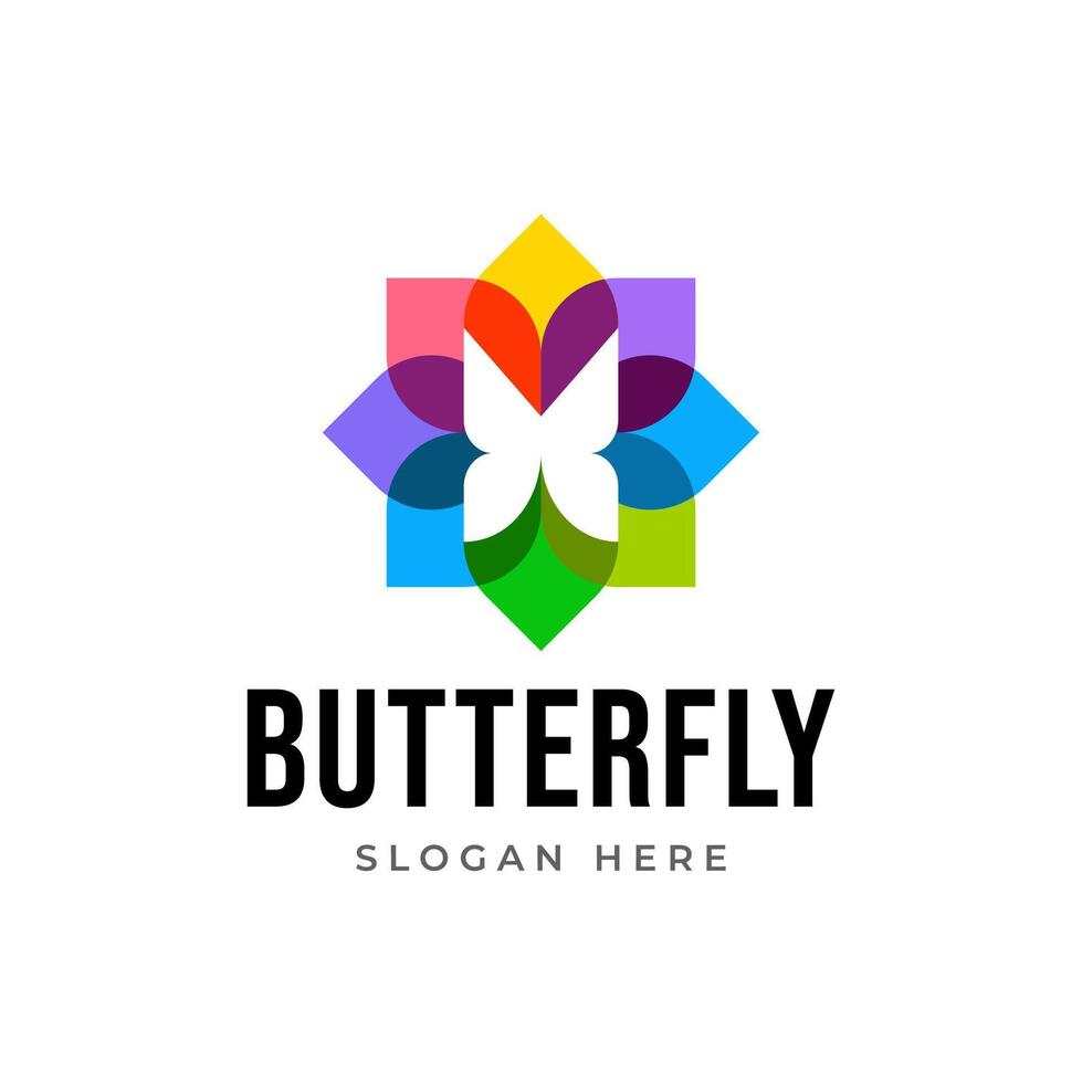 färgrik blomma med fjäril silhuett ikon logotyp mall vektor