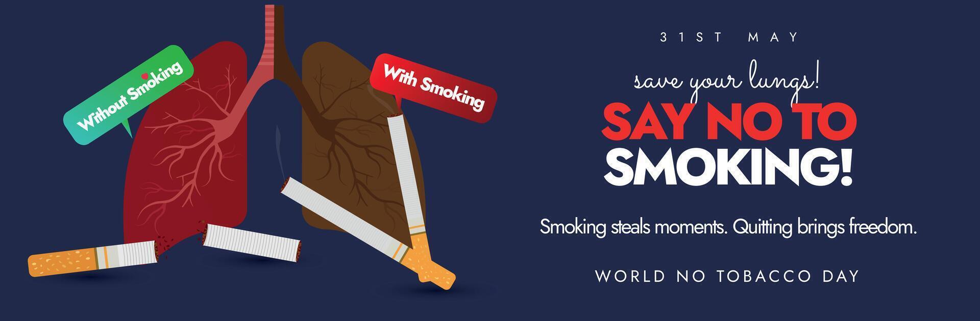 Welt Nein Tabak Tag. 31 kann Welt Nein Tabak Tag Startseite Banner, Post mit Innerhalb Aussicht von Lunge zeigen das Unterschied zwischen Raucher Lunge, nicht Raucher gesund Lunge. sagen Nein zu Rauchen konzeptionelle Banner. vektor
