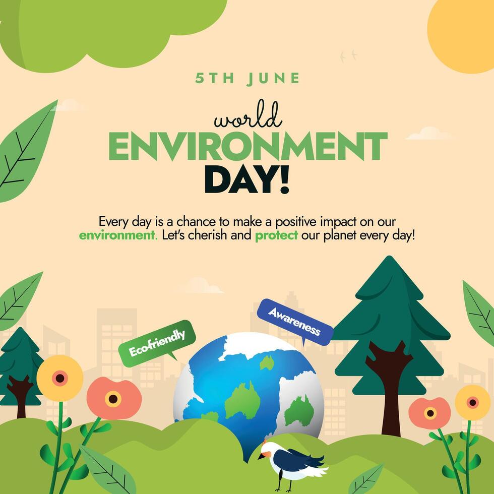 miljö dag. Lycklig miljö dag social media posta med jord klot, grön träd, blommor, fåglar, grönska. 5:e juni är miljö säkerhet medvetenhet dag. skydda jorden. vektor