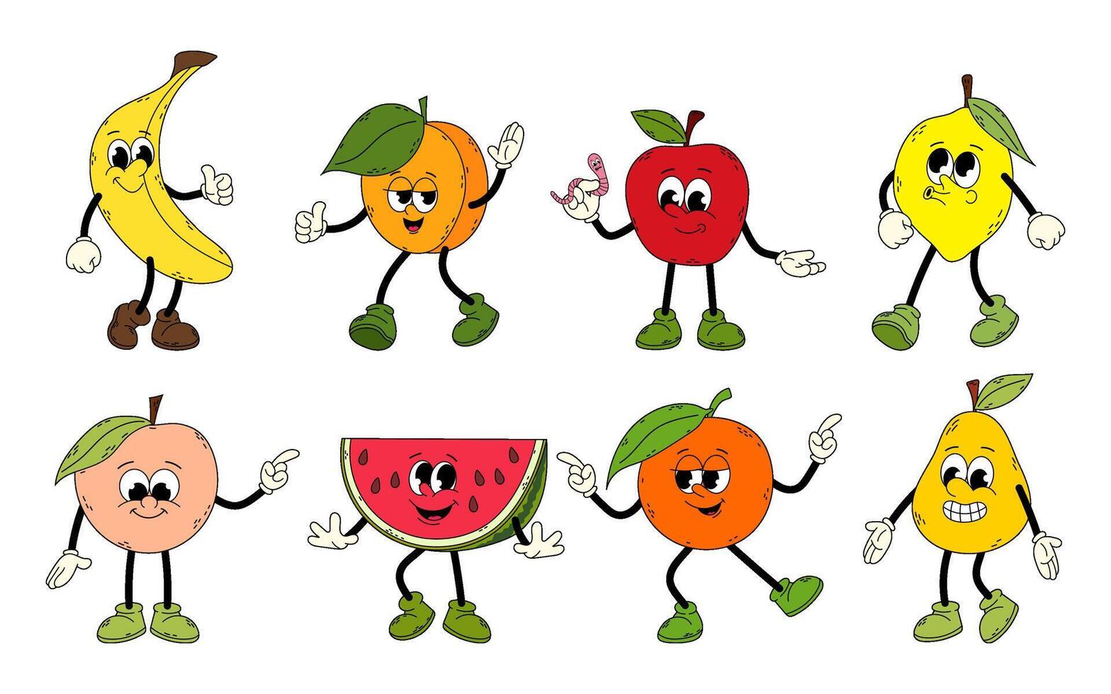 uppsättning av häftig frukter. tecknad serie frukt i platt stil. klotter komisk illustration. hand dragen retro årgång trendig stil frukt tecknad serie karaktär banan, aprikos, citron, persika och Övrig frukter. vektor