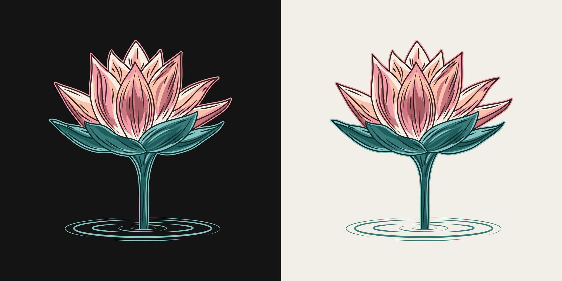 Blühen Lotus Blume auf Stengel steigend von das Wasser. Seite Sicht. Jahrgang bunt Illustration auf Schwarz, Weiß Hintergrund. vektor