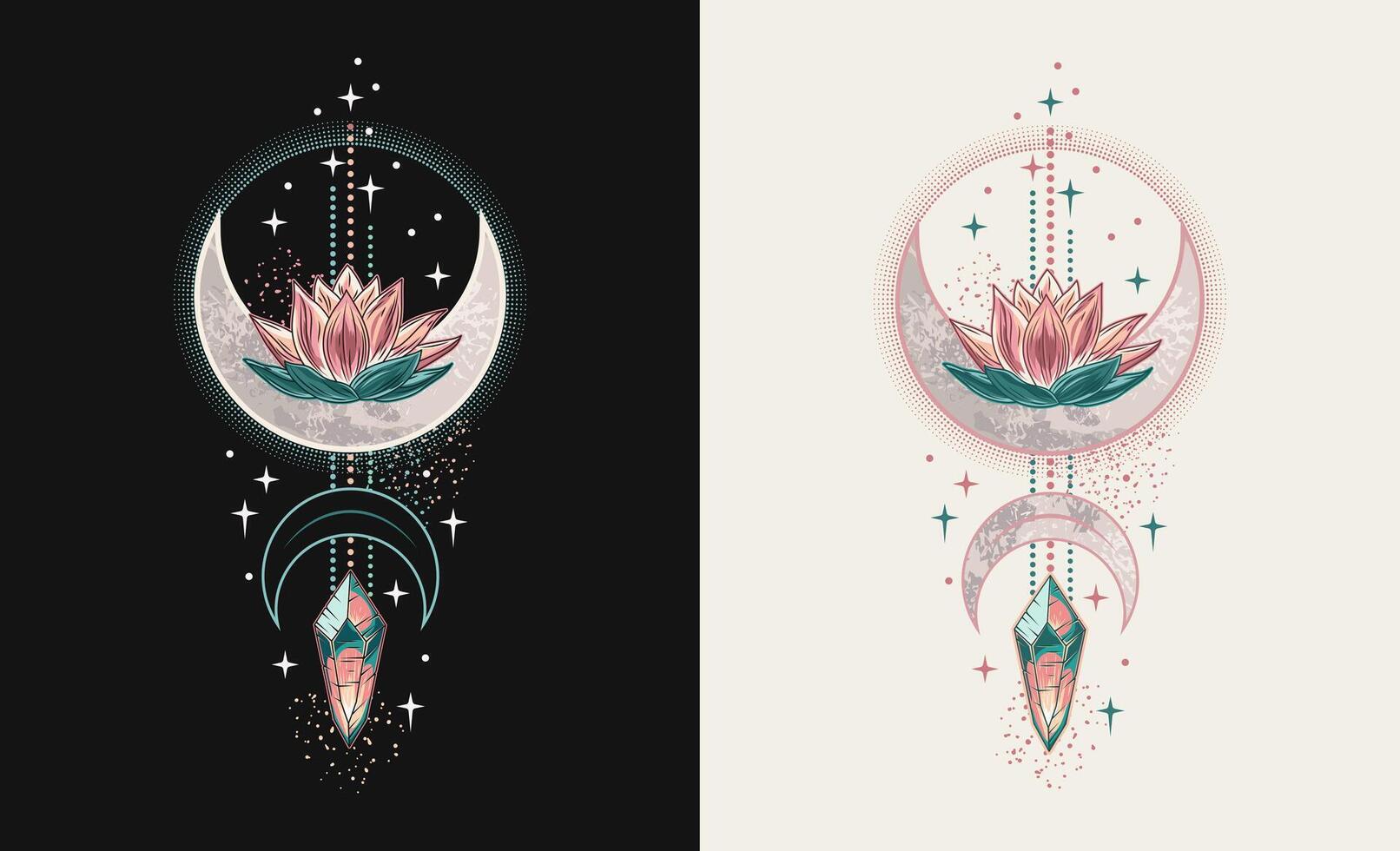 Vertikale bunt himmlisch Komposition mit Lotus Blume, Magie glühend Kristall, Mond Halbmond, Sterne. mysteriös, mystisch Konzept zum Meditation, klar Bewusstsein. Jahrgang Stil. vektor