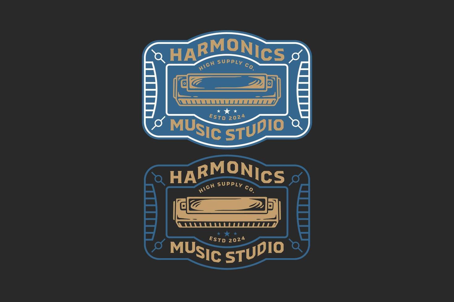 harmonisch Musik- Instrument Abzeichen Logo zum Musik- Festival, Studio und Unterhaltung vektor
