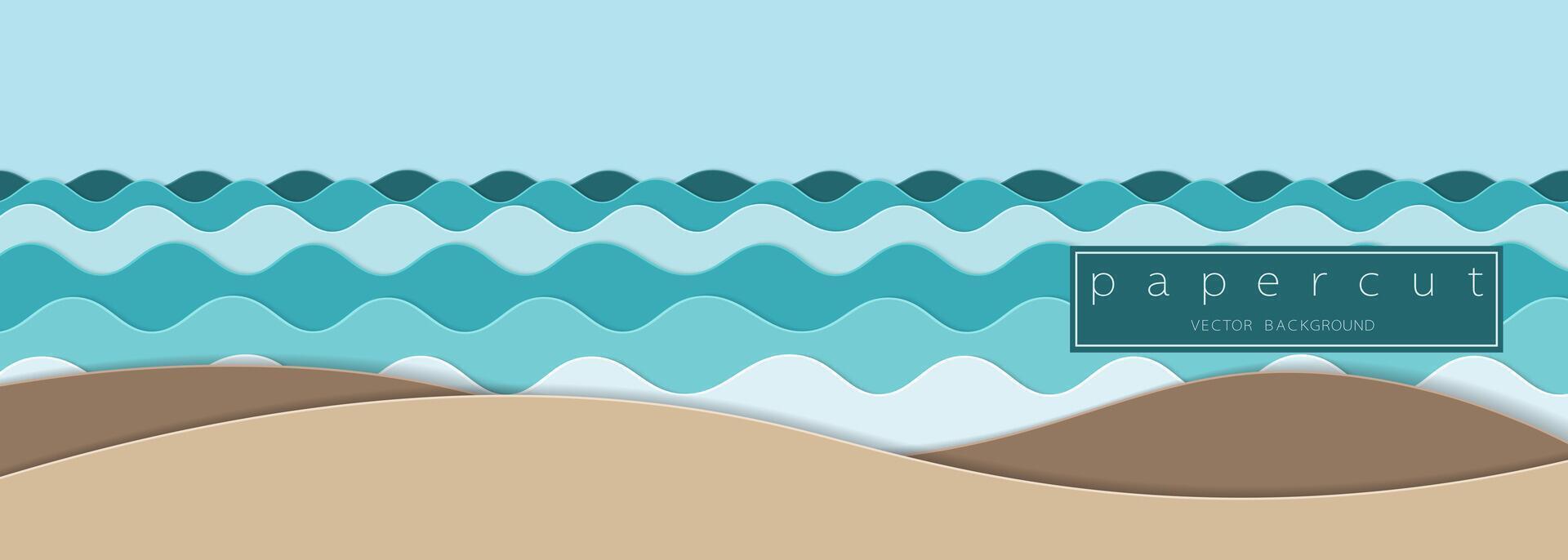 Papier Schnitt Türkis Wasser Wellen und Sand Strand Hintergrund. ausgeschnitten minimalistisch Luxus geschichtet Wellen . 3d Rahmen Symbol zum Plakate und Flyer, Präsentation, Netz, Sozial Medien, Design und Banner. vektor