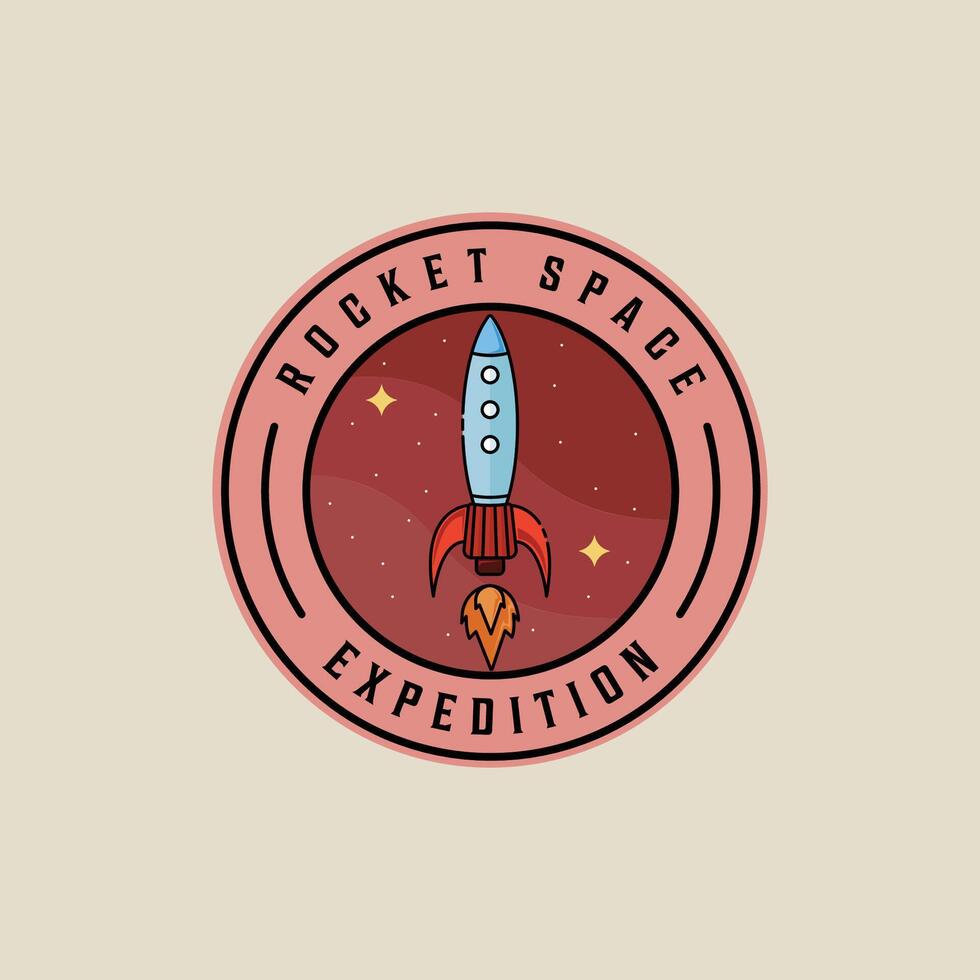 raket Plats fartyg emblem logotyp illustration mall grafisk design. flyg- tecken och symbol för astronomi begrepp med cirkel bricka typografi stil vektor