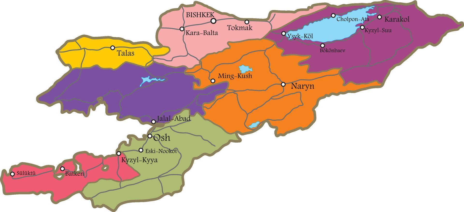 administrative Karte von Kirgistan. das Gebiet von das Land mit Straßen, groß Städte und Seen. issyk-kul See vektor