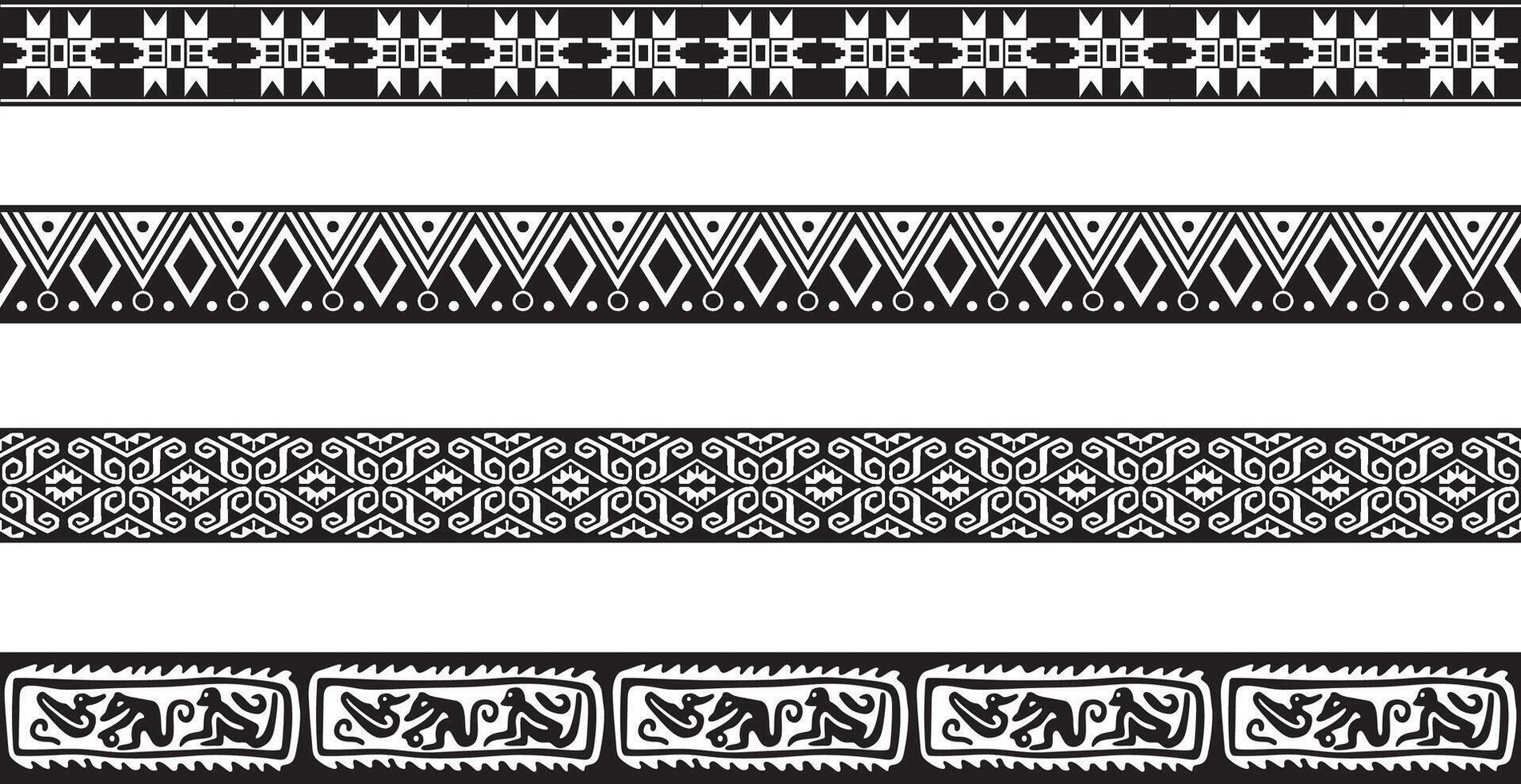 uppsättning av sömlös svartvit geometrisk indisk ornament. gränser, ramar, mönster av inhemsk människors av de Amerika, aztek, maja, inkaor. vektor