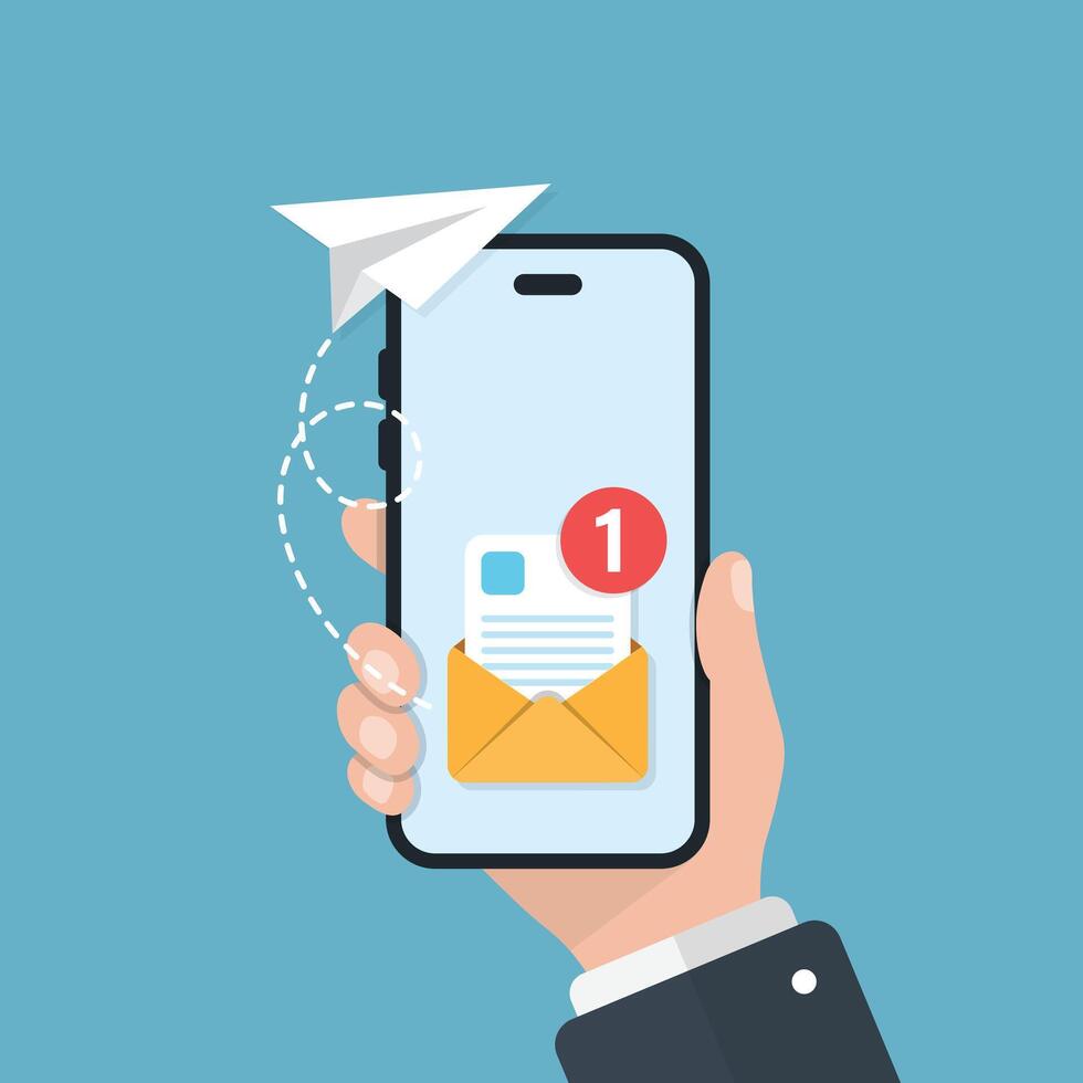 senden Email von Smartphone im Hand Symbol im eben Stil. Papier Flugzeug Illustration auf isoliert Hintergrund. Botschaft Transfer Zeichen Geschäft Konzept. vektor