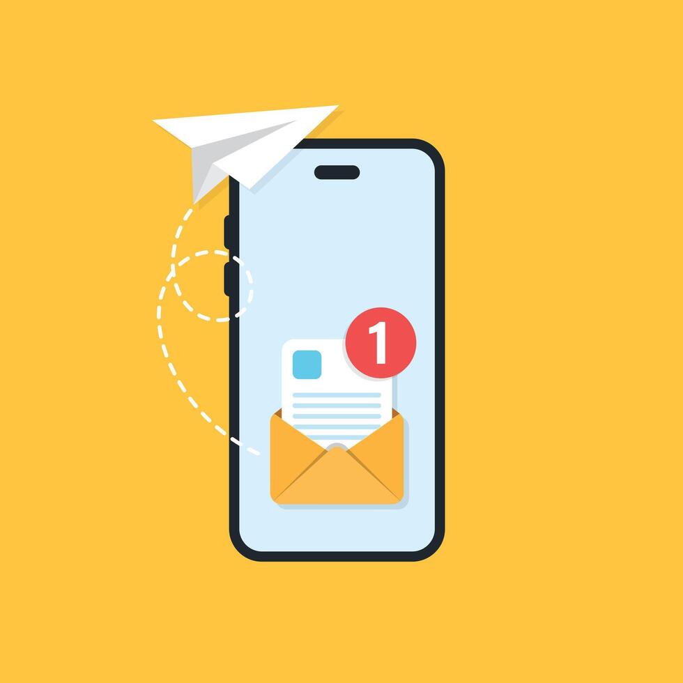 senden Email von Smartphone Symbol im eben Stil. Papier Flugzeug Illustration auf isoliert Hintergrund. Botschaft Transfer Zeichen Geschäft Konzept. vektor