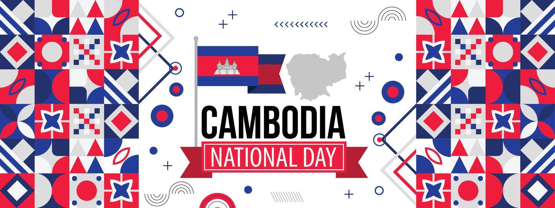 cambodia oberoende dag, baner design för cambodia nationell dag. baner med kambodjanska flagga färger tema bakgrund och geometrisk abstrakt vektor