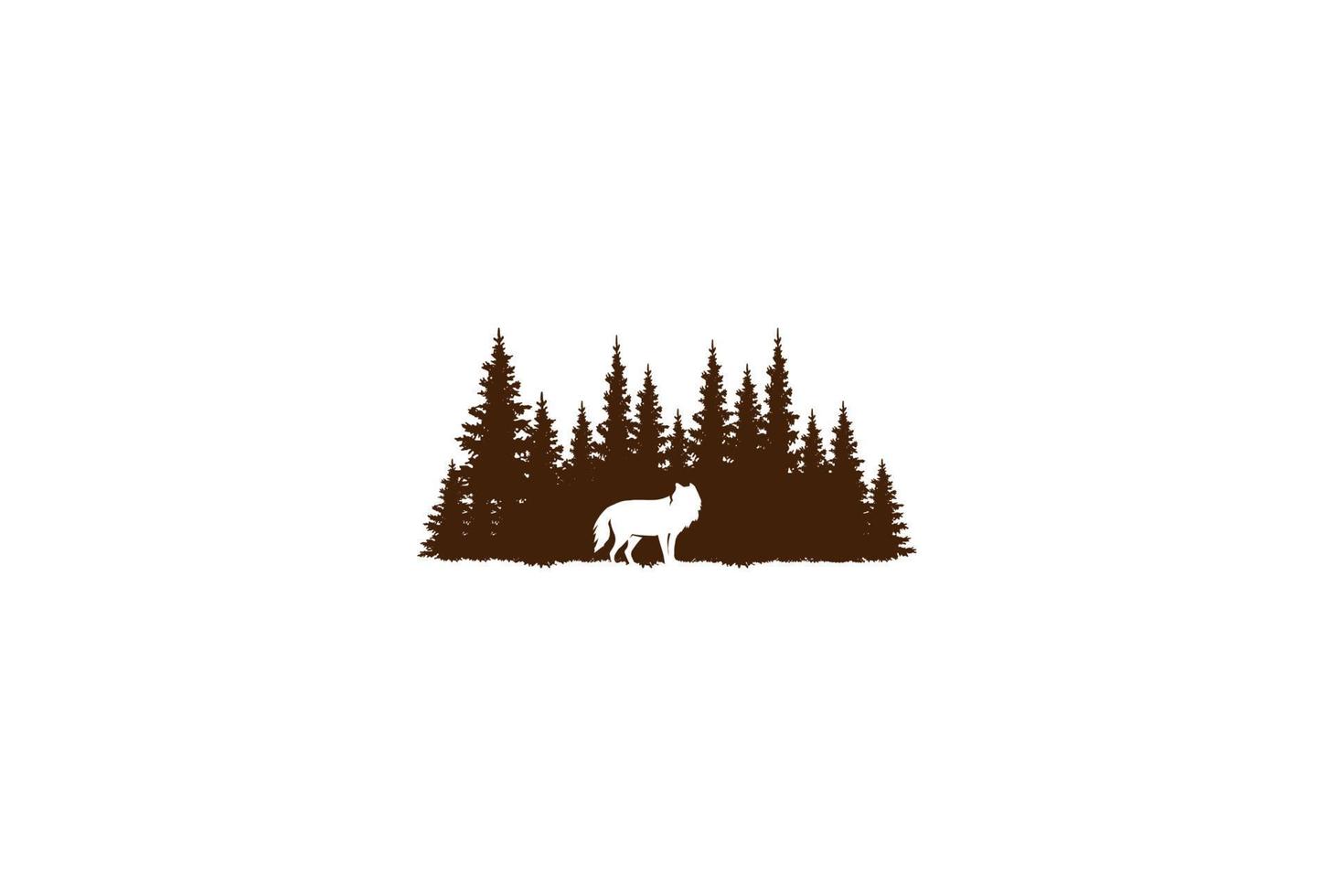 tall ceder barr barrträd vintergrön gran lärk cypress hemlock träd skog med varg hund schakal för läger utomhus äventyr logotyp design vektor