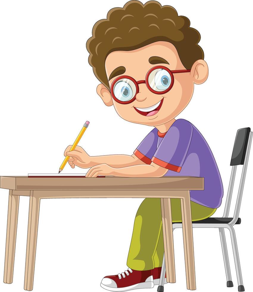 tecknad liten pojke som studerar på skrivbordet vektor