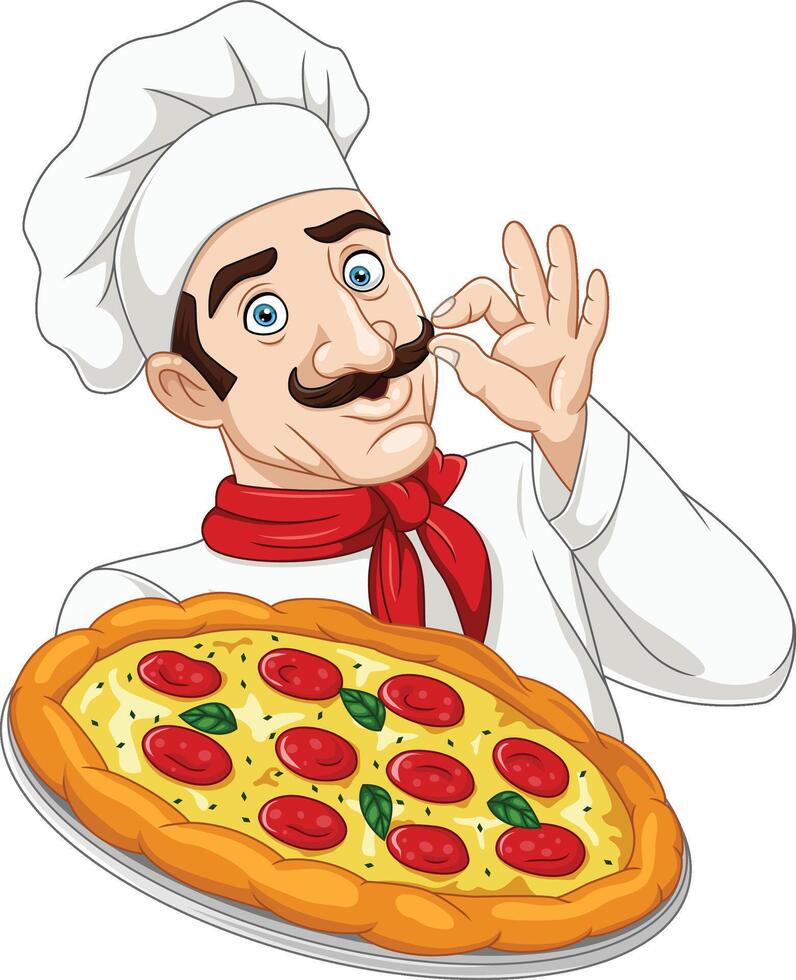 Karikatur Koch Mann halten ein Pizza vektor
