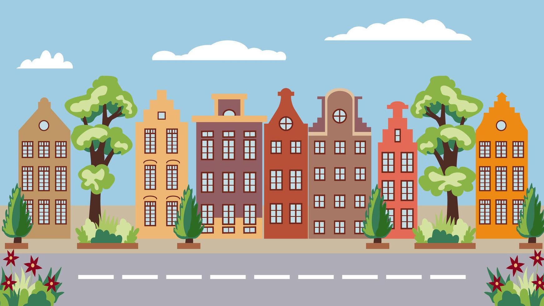 süß Frühling Straße mit Niederländisch Haus, Bäume und Blumen, ein Illustration im ein eben Stil zum Postkarten, Einladungen, Banner, Design und Dekor. vektor