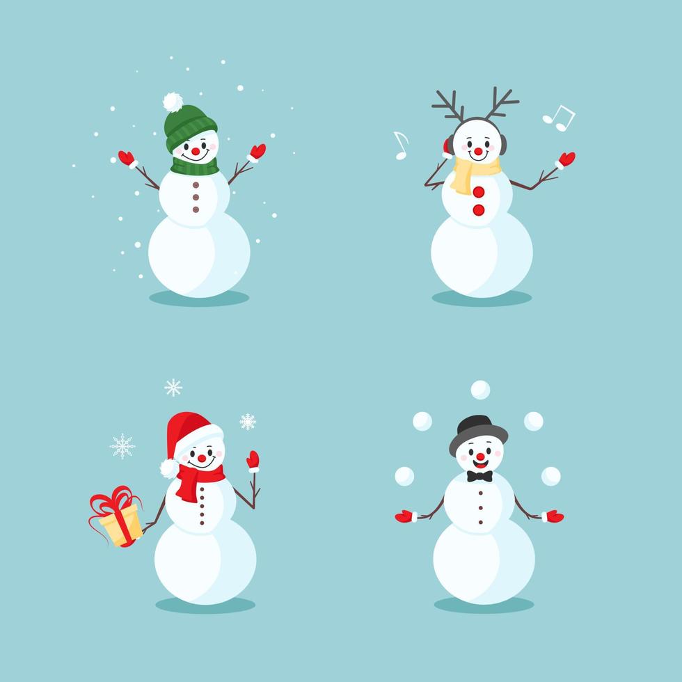 jul- och nyårsuppsättning med söta snögubbar i olika poser och känslor, i en tomtehatt, i en halsduk, mössa, lyssna på musik med hörlurar, jonglera med snöbollar. vektor illustration