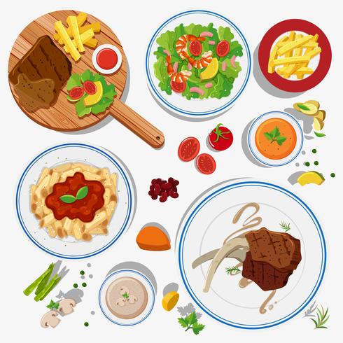 Verschiedene Arten von Speisen auf Tellern vektor
