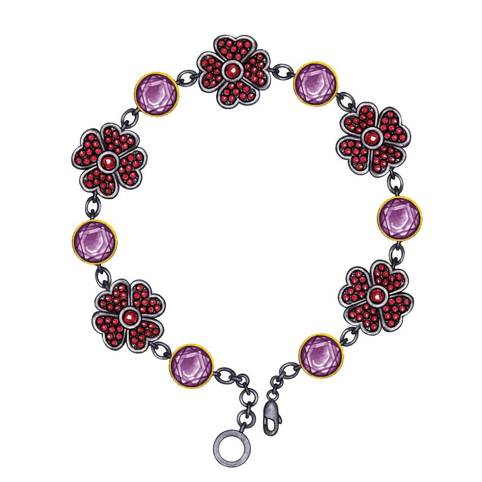 Schmuck Design Mode Blumen Armband einstellen mit rot Saphir und Amethyst skizzieren durch Hand auf Papier. vektor