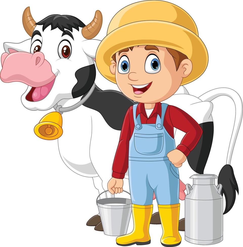 tecknad serie liten jordbrukare med ko och mjölk hink vektor