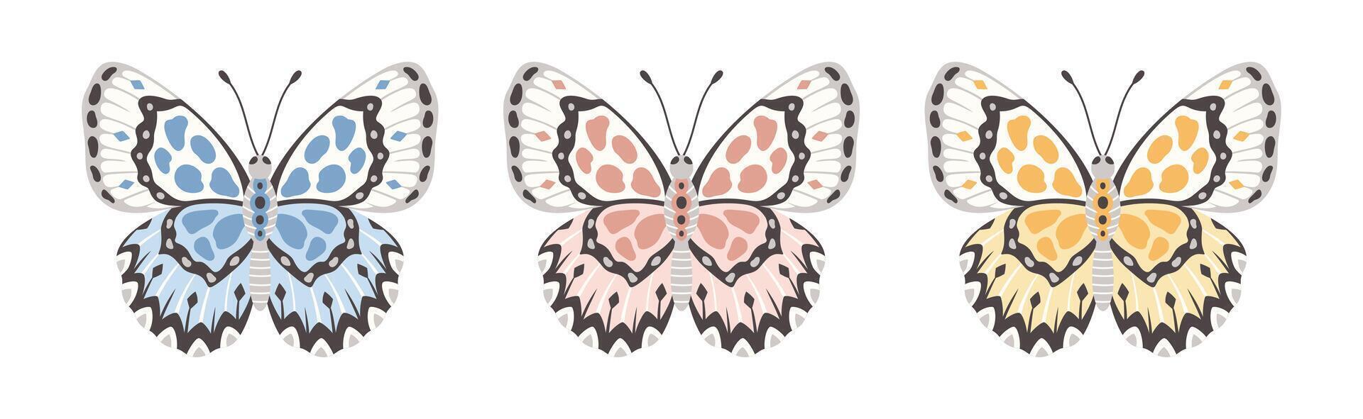 einstellen von Schmetterlinge, Illustration. Insekt Flügel mit abstrakt Ornament, Vorderseite Sicht, ein Symbol zum tätowieren Design. Sommer- Hintergrund vektor