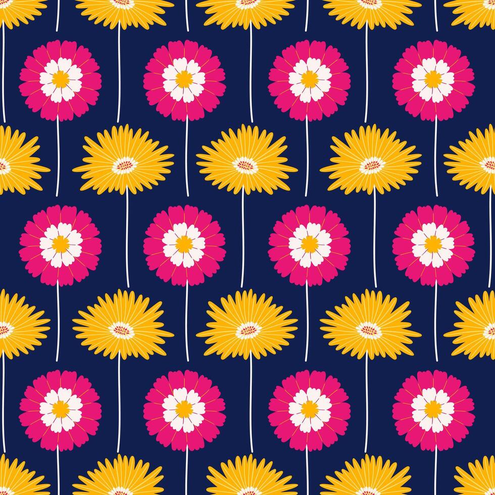 nahtlos Muster mit Gerbera und Zinnie Blumen auf ein dunkel Blau Hintergrund. Sommer- hell Blumen- Illustration. Frühling botanisch drucken, modern Stil Design vektor