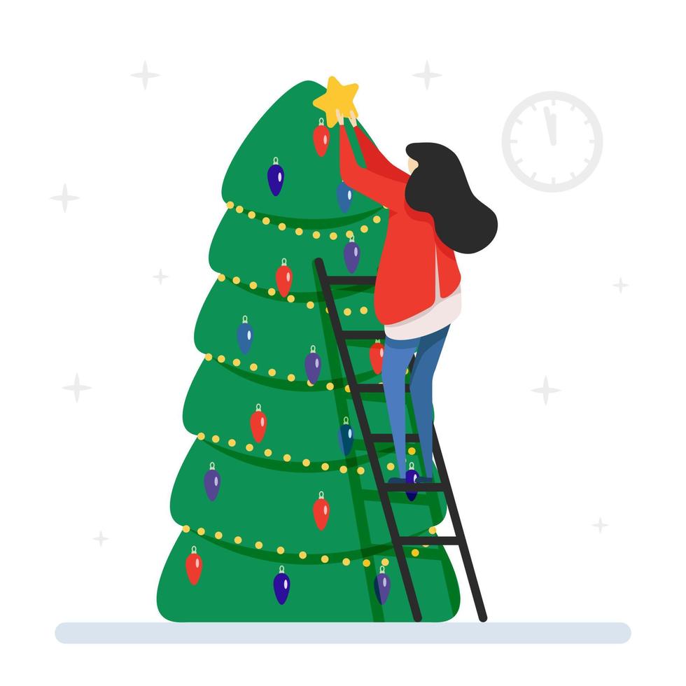 einsame Frau auf der Treppe schmücken mit Stern-Neujahrsbaum, Neujahr und Weihnachten, flache Illustration - Feiern Sie einen Feiertag - neues Jahr, Cartoon-Vektor isoliert auf weißem Hintergrund vektor