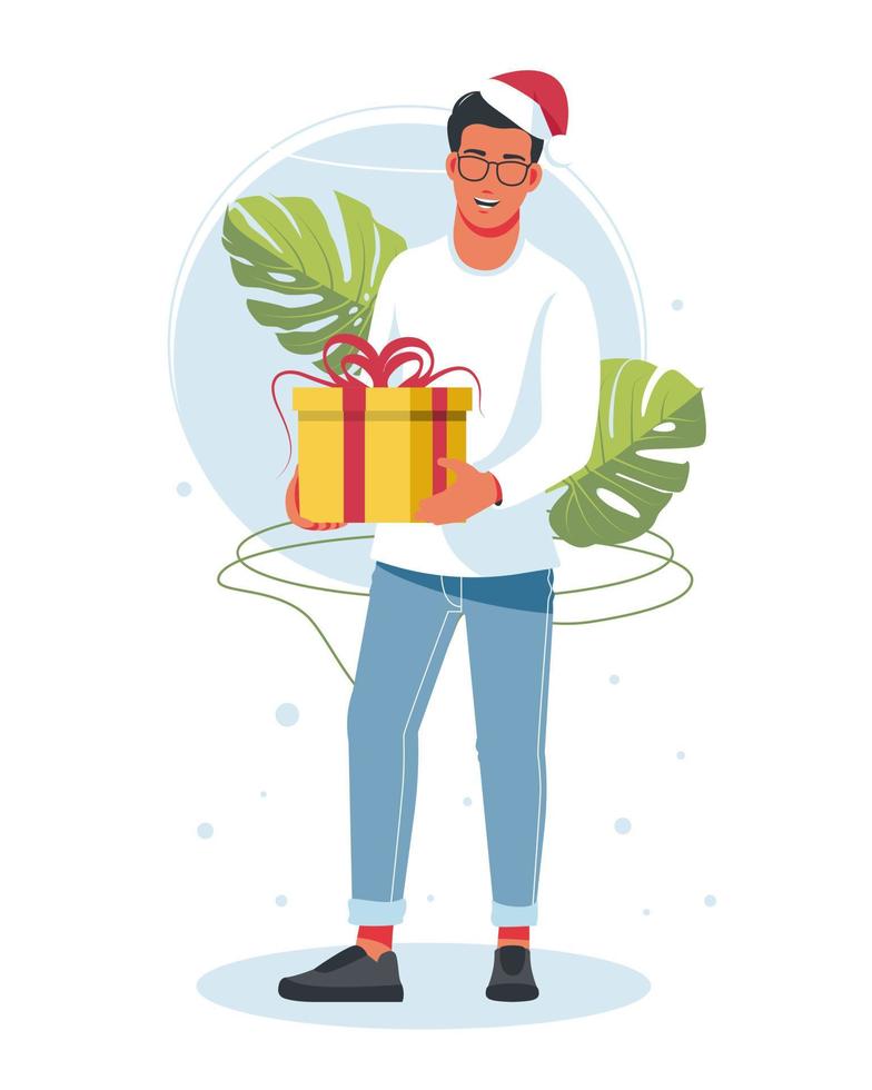 Ein Mann, der eine große Schachtel mit einem Geschenkband mit Schleife in einem Weihnachtsmann-Hut hält. Urlaubskonzept, Weihnachten und Neujahr 2022. glückliche Menschen mit Geschenken. Vektor-Illustration isoliert auf weißem Hintergrund. vektor