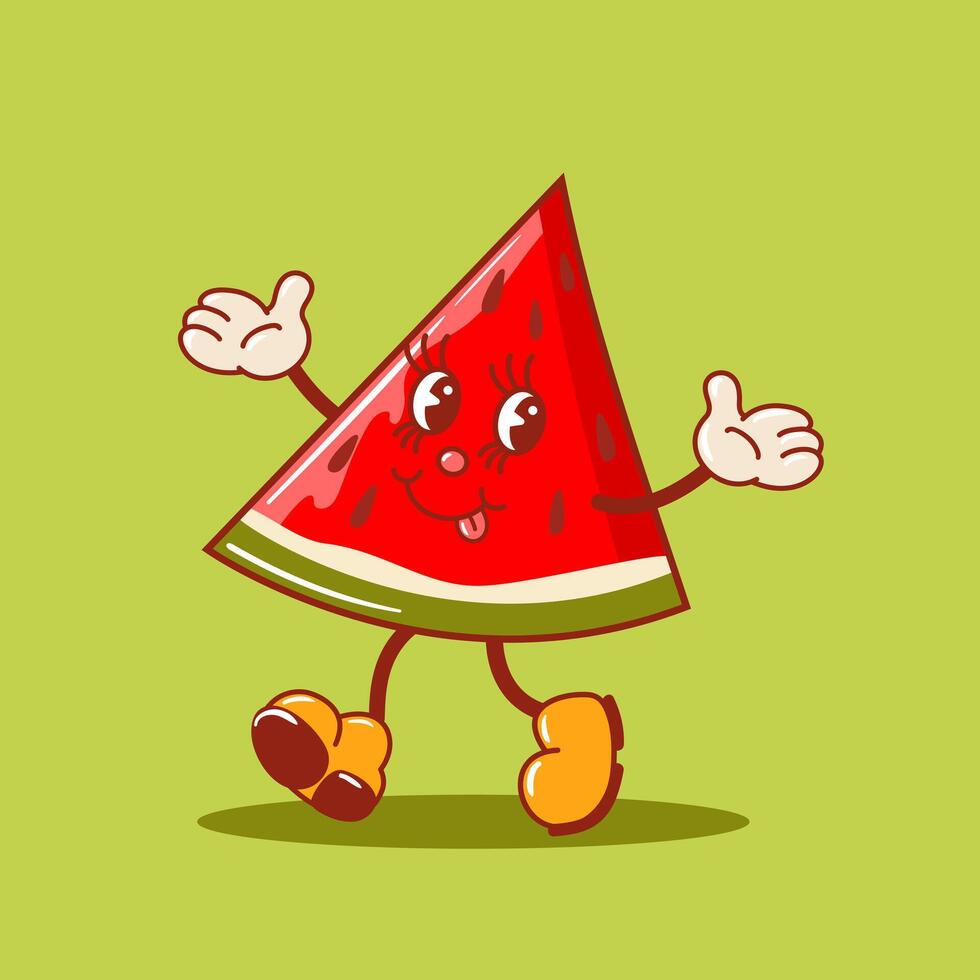 Hej sommar. Häftigt löpning vattenmelon skiva, söt retro tecknad serie karaktär. årgång trendig gammal stil. för försäljning, kort och banderoller. frukt grafisk design för affischer, design element vektor