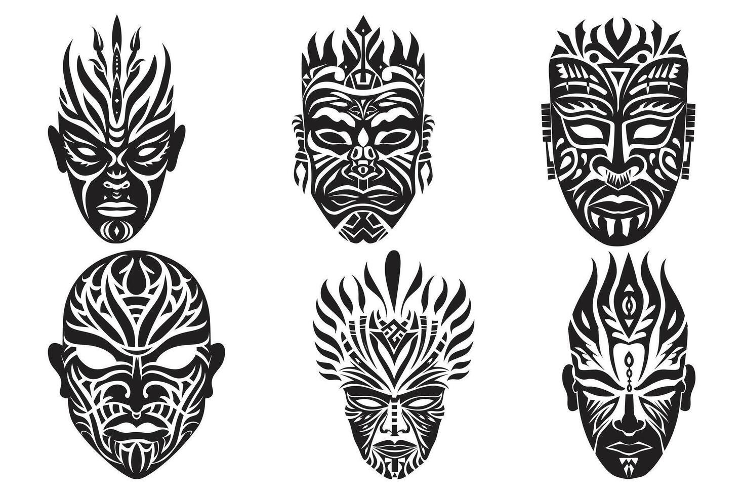 stam- tatuering munskydd svart silhuett, stam- mask silhuetter, afrikansk gammal totem religion ansikte masker, ritual masker illustration uppsättning av annorlunda former vektor