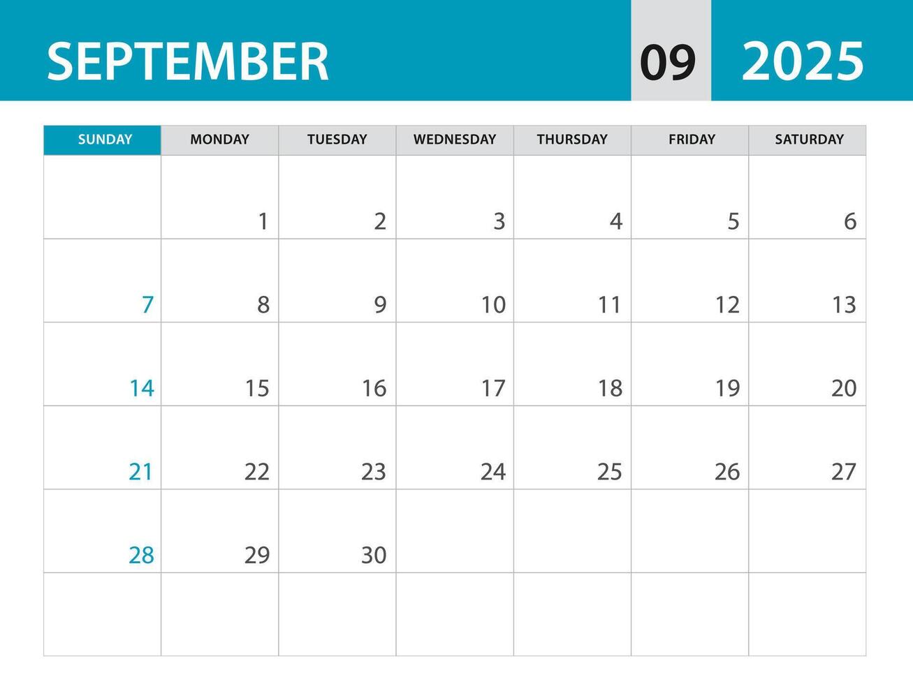 September 2025 Vorlage - - Kalender 2025 Vorlage , Planer monatlich Design, Schreibtisch Kalender 2025, Mauer Kalender Design, minimal Stil, Werbung, Poster, Drucken Medien, Blau horizontal Layout vektor