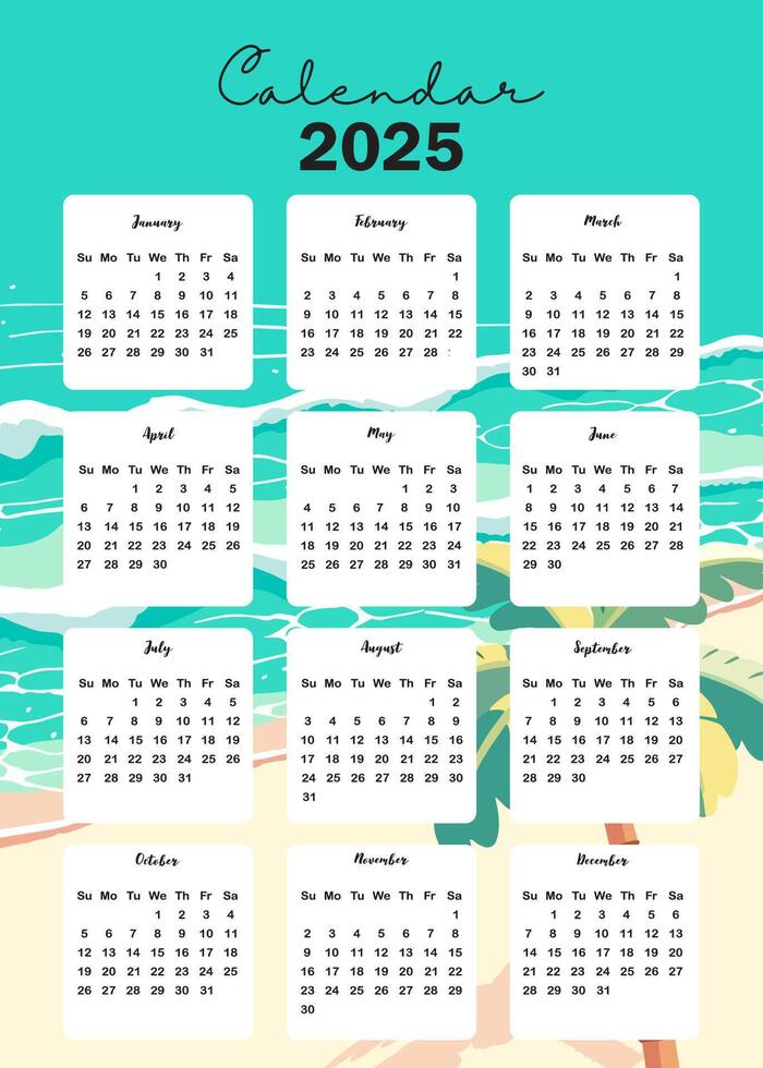 2025 tabell årlig kalender vecka Start på söndag med strand den där använda sig av för vertikal digital och tryckbar a4 a5 storlek vektor