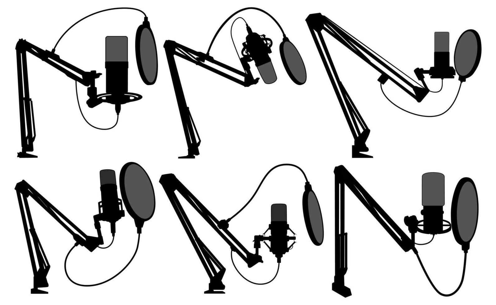 uppsättning kondensor mikrofon silhuett ikon. studio röst inspelare för podcast design illustration vektor