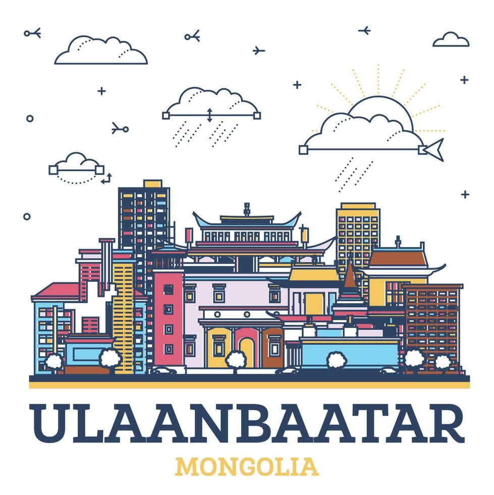 översikt ulaanbaatar mongoliet stad horisont med färgad historisk byggnader isolerat på vit. ulaanbaatar stadsbild med landmärken. vektor