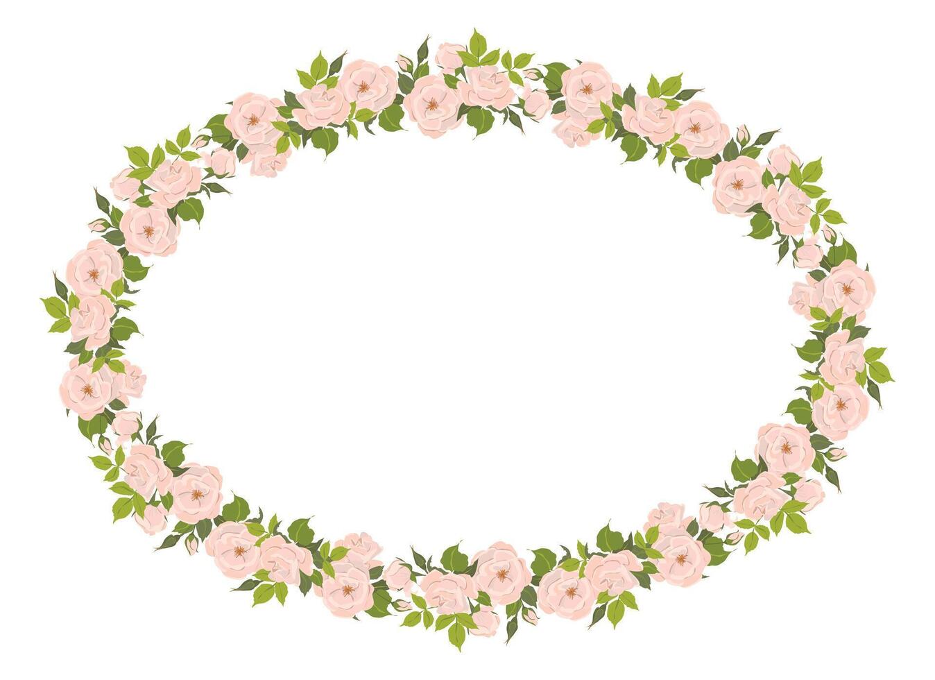 romantisk blommig oval ram, elegant pastell rosa blommor, knoppar och grön löv. en krans av sommar blommor för en bröllop inbjudan i provence stil. platt illustration. vektor