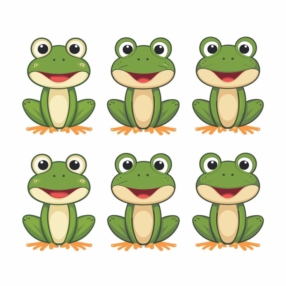 söt tecknad serie groda uppsättning, animering ramar. förtjusande liten froggy leende, Hoppar, kväkande, vinka och fångst flyga med tunga. enkel platt stil illustration. vektor