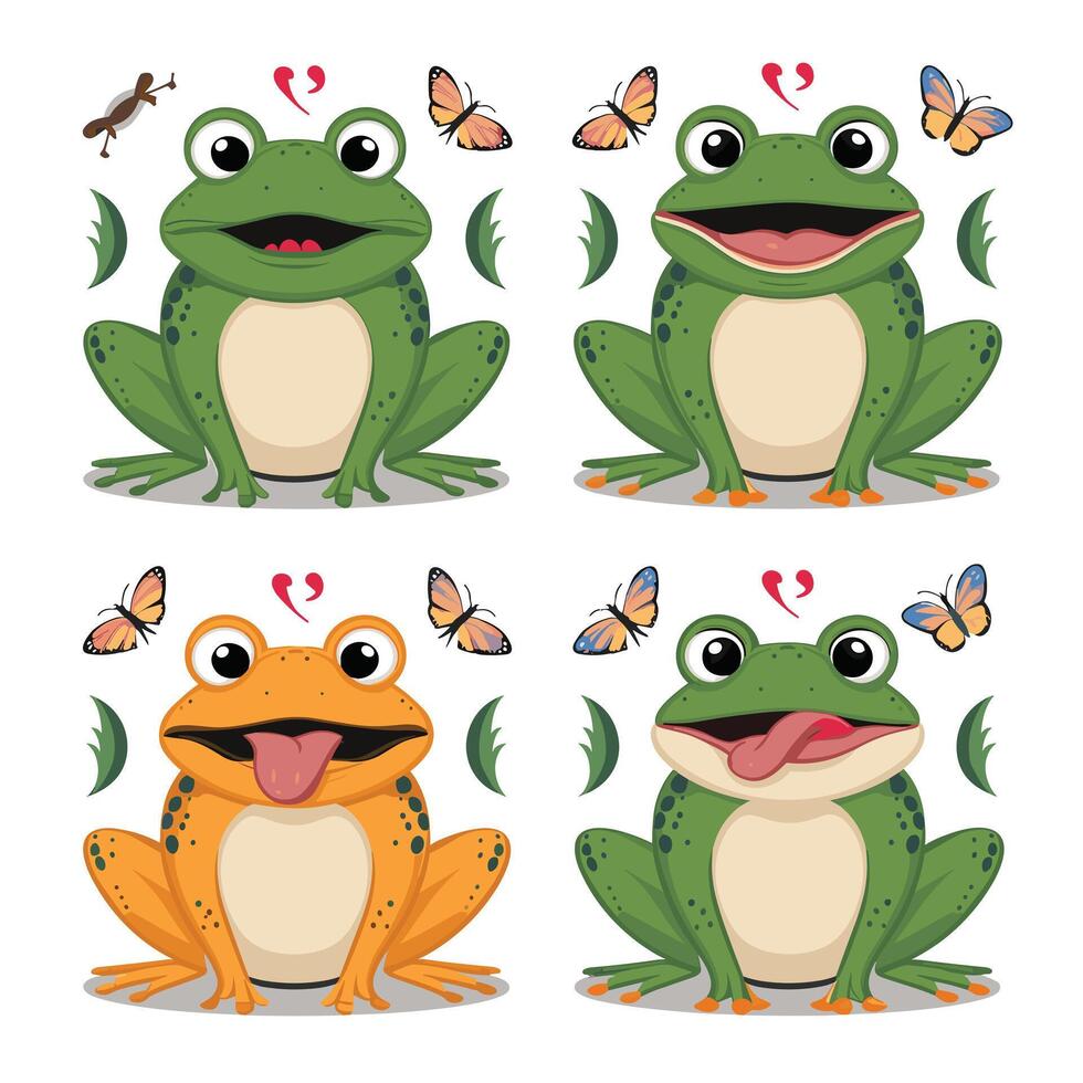 süß Karikatur Frosch Satz, Animation Rahmen. bezaubernd wenig Frosch lächelnd, Springen, krächzen, winken und fangen fliegen mit Zunge. einfach eben Stil Illustration. vektor