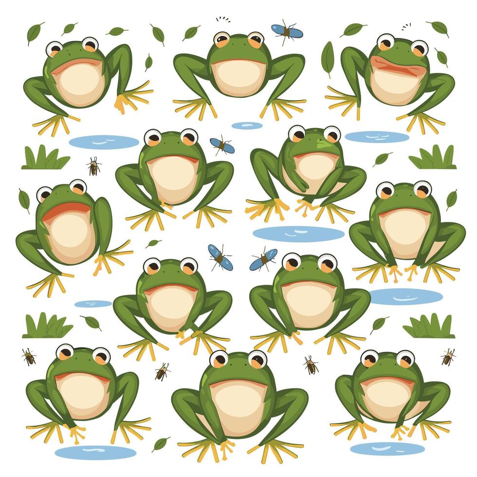 söt tecknad serie groda uppsättning, animering ramar. förtjusande liten froggy leende, Hoppar, kväkande, vinka och fångst flyga med tunga. enkel platt stil illustration. vektor