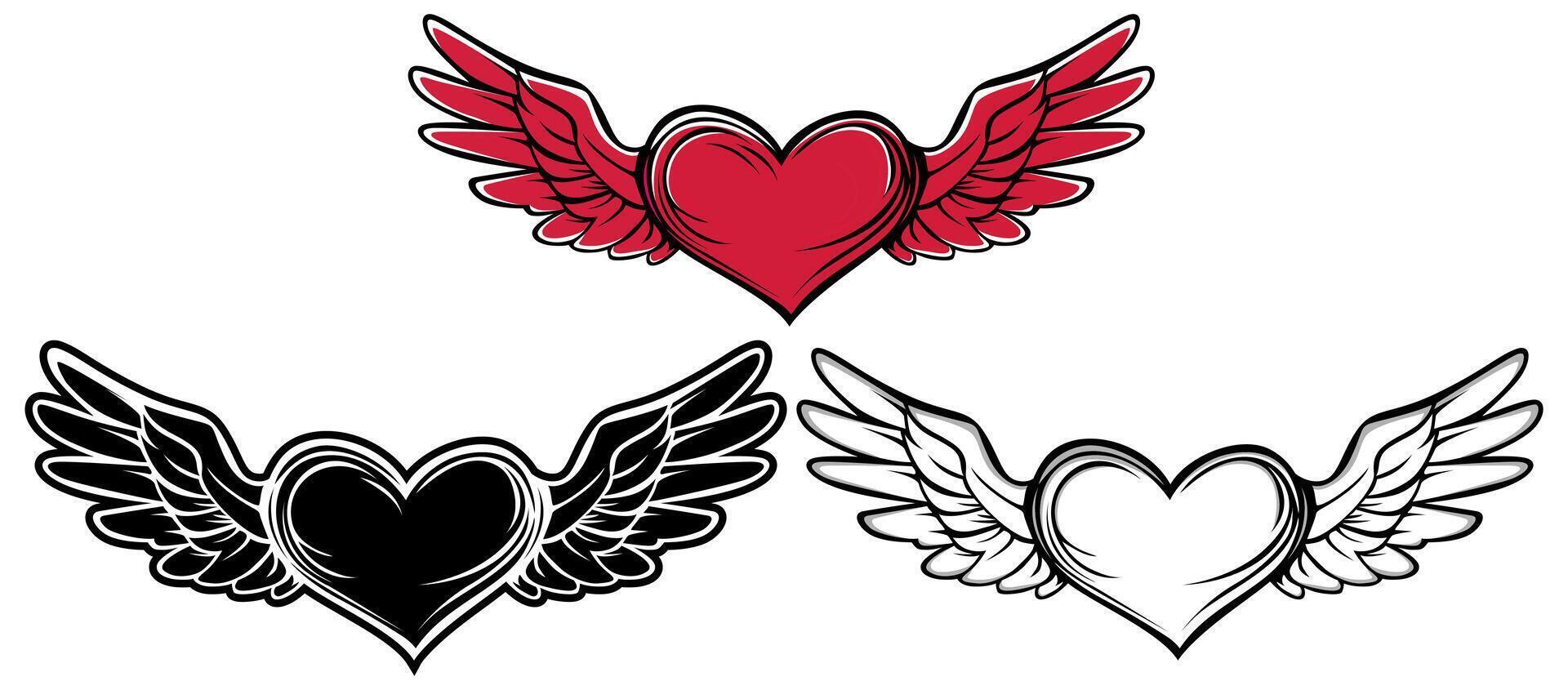 einstellen Hand gezeichnet Herz mit Flügel Symbol. Engel Liebe fliegen vektor