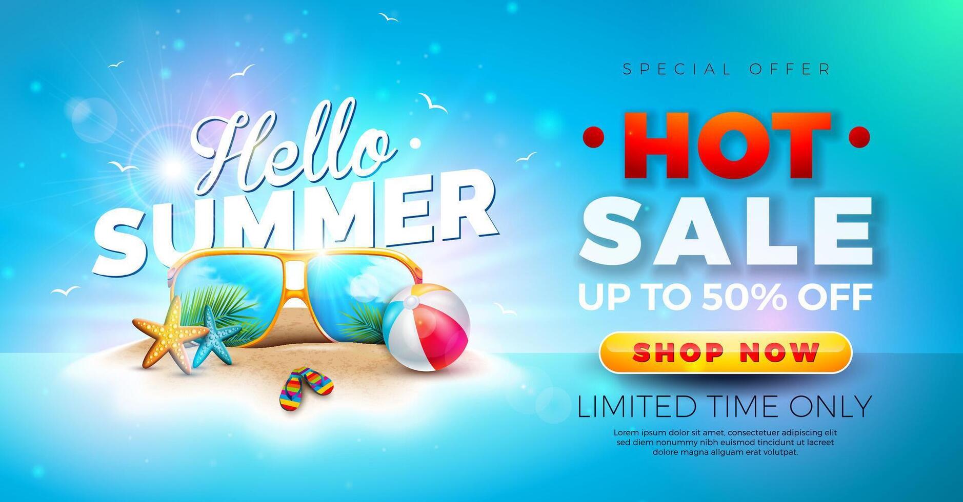 Sommer- Verkauf Design mit Sonnenbrille und Strand Ball auf tropisch Insel Hintergrund. Illustration mit Besondere Angebot Typografie zum Coupon, Gutschein, Banner, Flyer, Werbung Poster, Einladung oder vektor