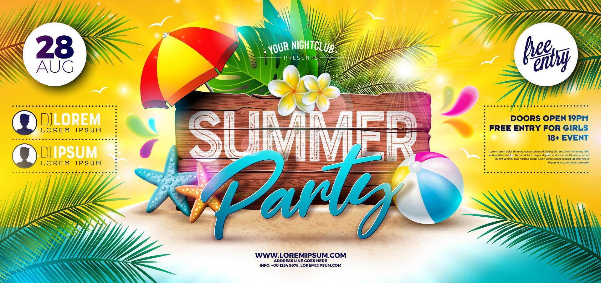 Sommer- Strand Party Banner Flyer Design mit Blume und Strand Ball auf tropisch Insel mit Typografie Beschriftung auf Jahrgang Holz Tafel Hintergrund. Sommer- Urlaub Illustration mit exotisch Palme vektor