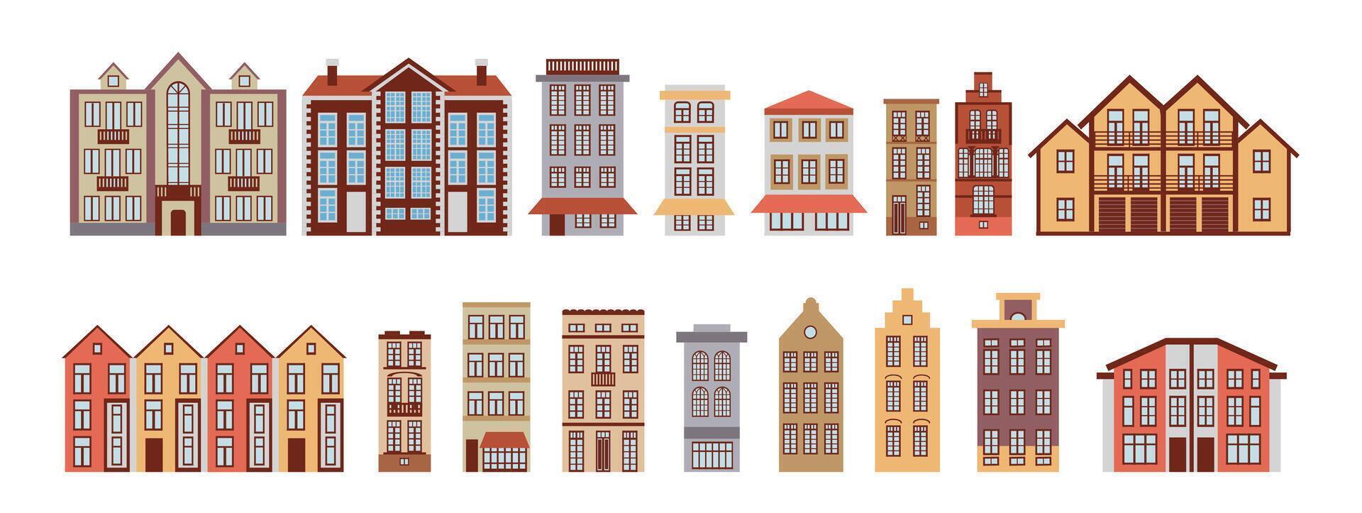 uppsättning av modern och gammal byggnader, element av urban infrastruktur, en stuga by, en stad gata, ett gammal stad, samling av ikoner, illustrationer i en platt stil. vektor