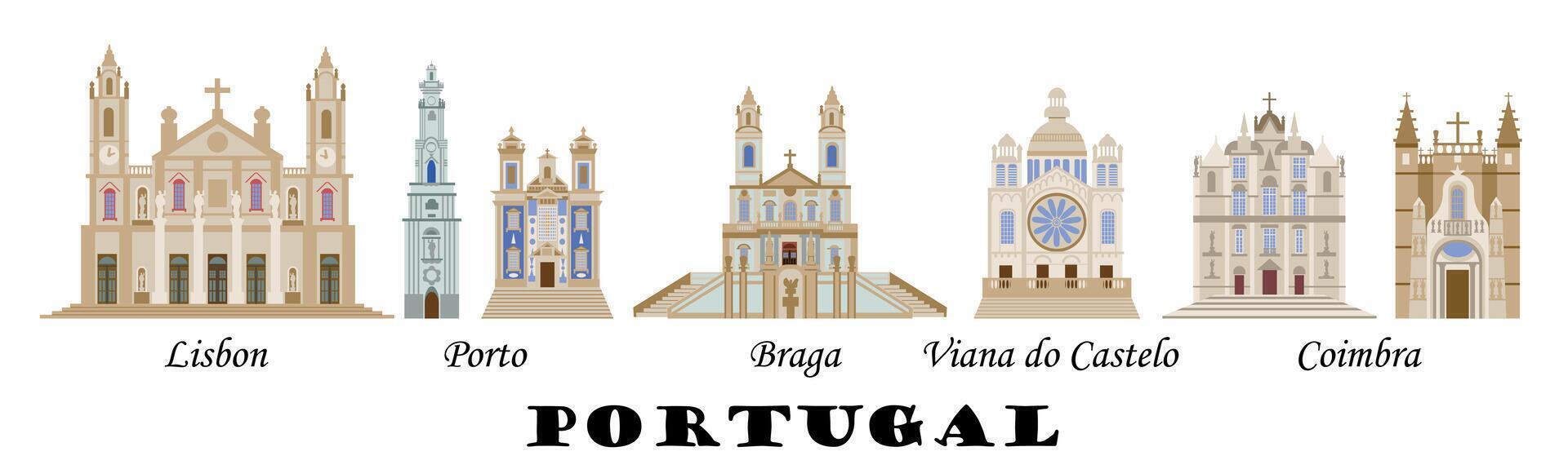 horisontell panorama av de arkitektonisk sevärdheter av portugisiska städer. uppsättning av de huvud kyrkor av de portugisiska städer av Lissabon, Porto, coimbra och braga. för de design av souvenirer och banderoller. vektor