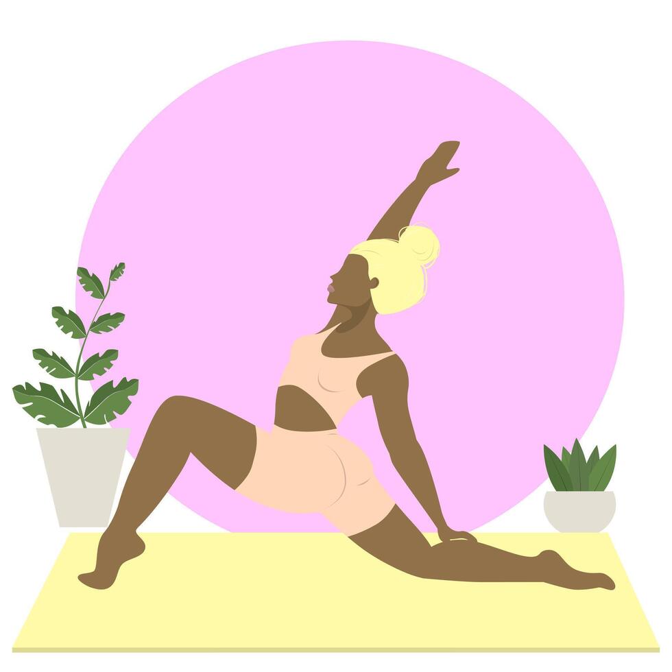 sportlich schwarz jung Frau tun Yoga Fitness Übungen auf das Matte, in der Nähe von Pflanzen. gesund Lebensstil. Sammlung von weiblich Karikatur Zeichen demonstrieren verschiedene Yoga Positionen isoliert auf Weiß vektor